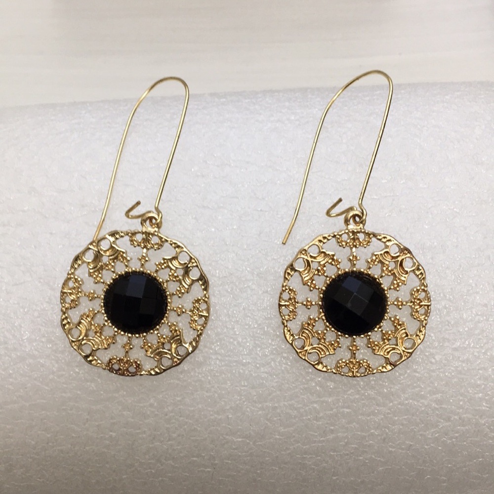 Earrings Long Gold Tone & Black Rhinestones